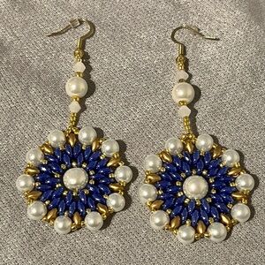 Elegant Blue and Gold Handmade Beaded Earrings